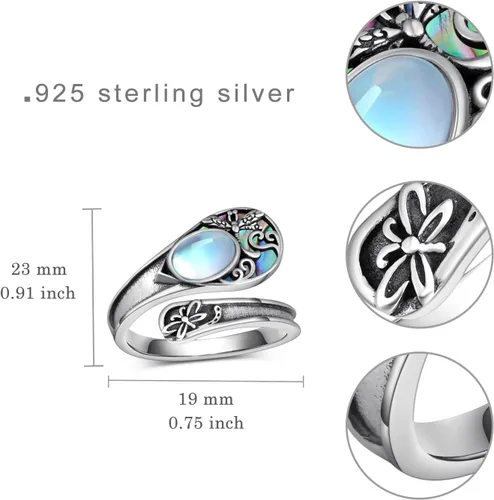 Vista 4 de Anillo de cuchara de libélula, piedra lunar, plata de ley 925, anillos de pulgar, libélula de joyería, regalos para mujeres