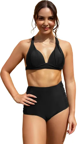 Vista 12 de SPORLIKE - Traje de baño de cintura alta para mujer, bikini de dos piezas con control de abdomen y parte superior triangular