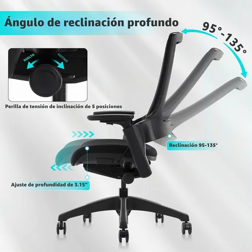 Vista 7 de CLATINA - Silla ejecutiva ergonómica giratoria, con reposabrazos 3D de altura ajustable y respaldo lumbar, tapizada, ideal para hacer trabajos