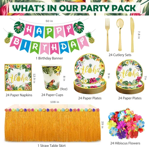 Vista 3 de Luau - Decoraciones para fiesta de cumpleaños, 321 piezas, suministros de fiesta hawaiana tropical Aloha para verano, playa, vacaciones, juego