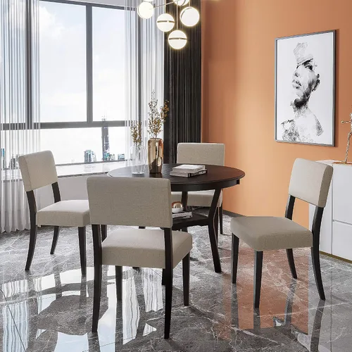 Vista 7 de FRANSOUL Juego de 5 mesas redondas de madera con estante inferior, 4 sillas tapizadas para comedor, cocina, comedor, desayuno familiar, color marrón