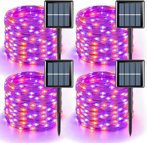 Vista 18 de YEGUO Paquete de 4 luces solares de Halloween de 33 pies, 100 luces LED moradas de Navidad impermeables para exteriores, 8 modos de luces solares