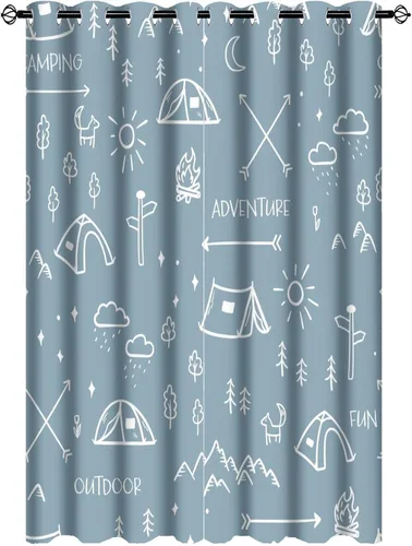 Vista 19 de Cortinas abstractas con estampado de cámper de caricaturas, divertido tema de aventura, campamento, montañas, vida silvestre, oso, tratamiento