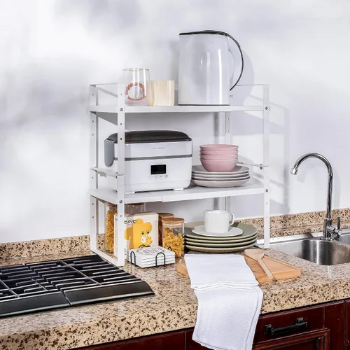 Vista 7 de Across-Star Organizador de estante de armario expandible y apilable, estantes de almacenamiento de mostrador de cocina ajustables en altura, estante