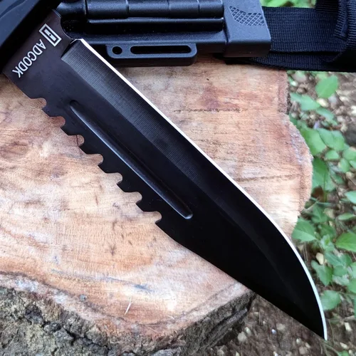Vista 4 de Cuchillo táctico Bowie con funda de hoja fija cuchillos de caza de supervivencia con mango antideslizante y afilador y arrancador de fuego
