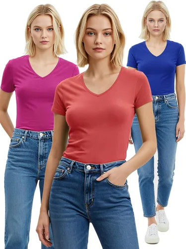 Vista 199 de Emmalise Camiseta de manga corta para mujer, cuello en V, tallas junior y plus