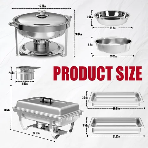 Vista 2 de IMACONE Juego de 2 platos para bufé, rectángulo de 8 cuartos y 5 cuartos de galón de acero inoxidable redondo para catering, chafers