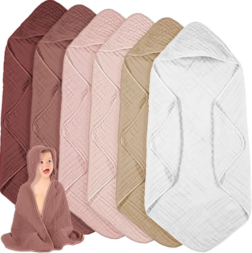 Vista 22 de Peryiter 6 piezas de toallas de muselina con capucha para bebé, toalla de baño de 81x81 cm de algodón para recién nacidos, mantas de bebé
