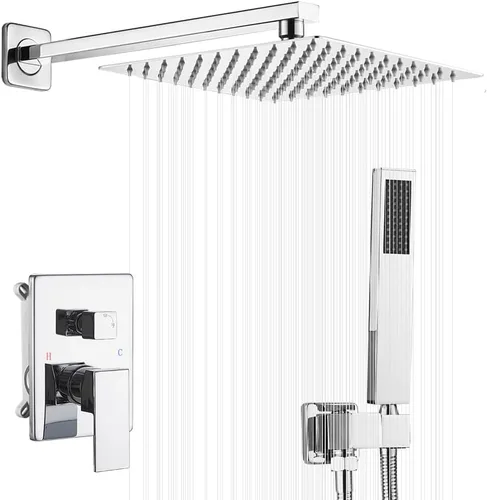 Vista 14 de Sistema de ducha dorado cepillado con cabezal de ducha de lluvia de alta presión de 20.3 cm, cabezal de ducha de mano, juego combinado