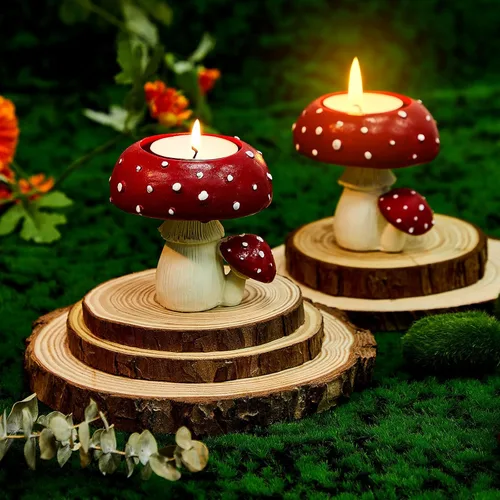 Vista 5 de Tanlade Juego de 1 portavelas con forma de hongo para centro de mesa para velas votivas, casa de campo, decoración de casa de campo