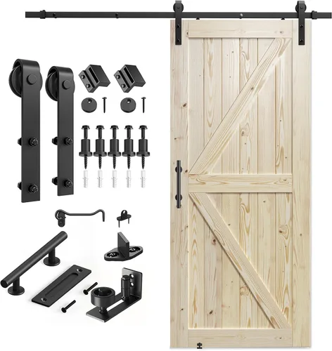 Vista 7 de SMARTSTANDARD Puerta corredera de granero de 24 x 84 pulgadas con kit de herrajes para puerta de granero de 4 pies incluido, puerta de madera maciza