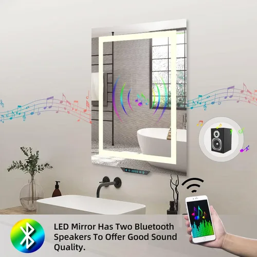 Vista 6 de Tech Drive Espejo de baño con luces LED, espejo de tocador de baño de 24 x 30 pulgadas con altavoces Bluetooth y llamada telefónica, control sin