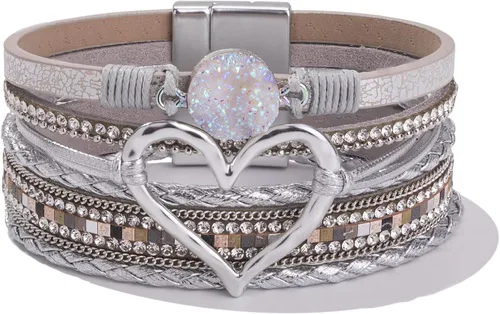 Vista 8 de Pulseras de cuero con corazón grueso, estilo bohemio, apilable, lindo Negro