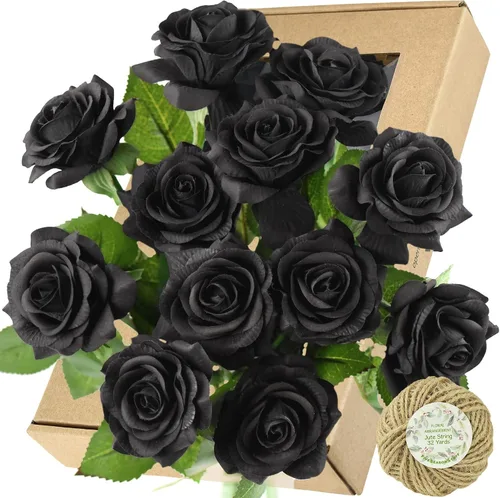 Vista 16 de FiveSeasonStuff 12 tallos de flores artificiales azul hielo, rosas de seda de tacto real para decoración de boda, en caja de regalo Azul helado