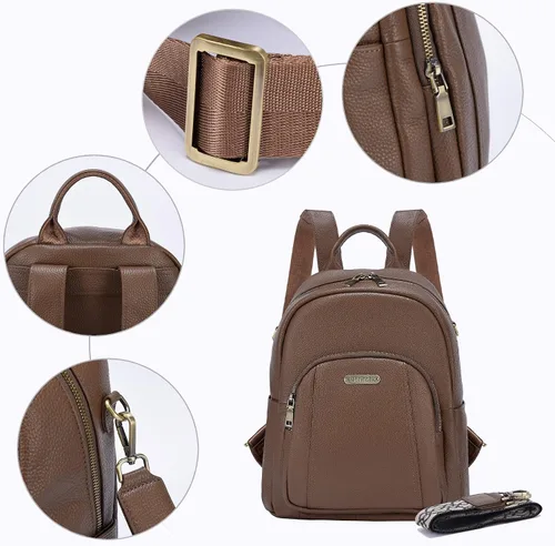 Vista 5 de Blofinche Pequeña mochila de cuero genuino para mujer, bolso convertible de diseñador para mujer, antirrobo, para el trabajo, casual, #1 Caqui mate