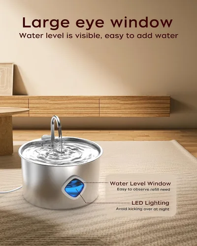 Vista 4 de Fuente de agua para gatos de acero inoxidable – 108 onzas/3.2 L, dispensador de agua para perros, dispensador automático silencioso para gatos