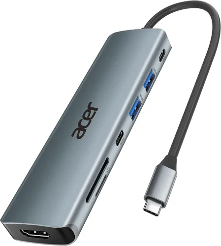 Vista 10 de Acer USB C Hub, Dock USB-C a HDMI 7 en 1, 2 USBA 3.1 GEN1 y puerto de datos Type-C de 5Gbps, puerto HDMI 4K, carga PD de 100W, lector de tarjetas