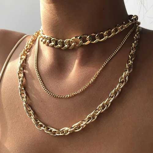 Vista 2 de Collar grueso en capas para mujer, cadena de eslabones cubanos dorados, mosquetón, collar punk, gargantilla gruesa, regalo de joyería