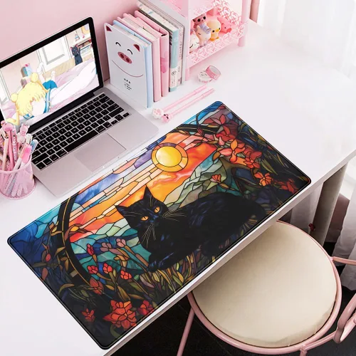 Vista 8 de Tapete de Escritorio de Gato Negro Atardecer Vintage, Alfombrilla de Ratón y Teclado de Escritorio, Alfombrilla de Ratón XXL Grande para Laptop