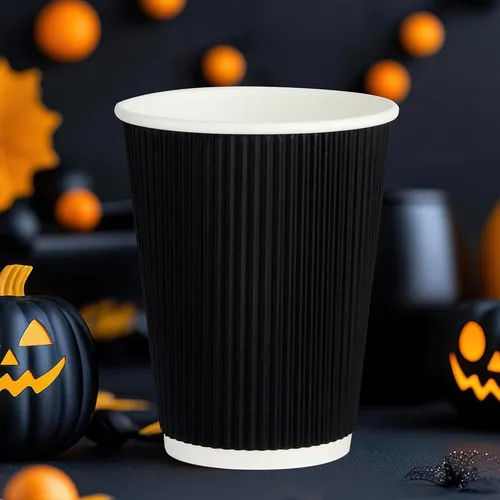 Vista 5 de JollyPack Paquete de 60 tazas de café de papel de 12 onzas, tazas desechables negras con pared ondulada aislada para café, té y chocolate caliente