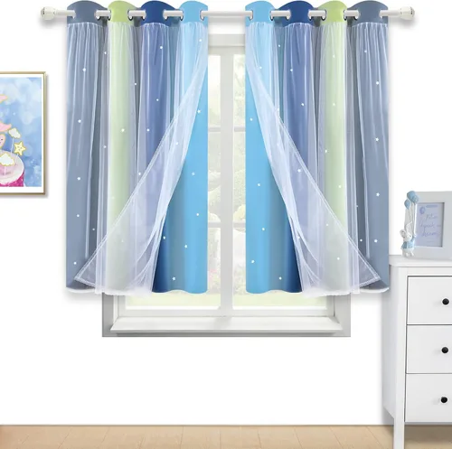 Vista 21 de Cortinas opacas con recorte de estrellas y arcoíris para guardería/habitación de niños/niñas, con superposición de tul, 2 paneles, cada una de 52