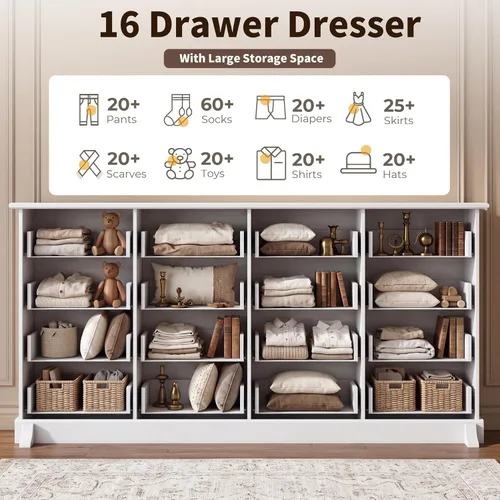 Vista 4 de Cómoda de 16 cajones para dormitorio, cómoda blanca Blanco perla
