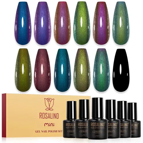 Vista 18 de ROSALIND Esmalte de uñas de gel de ojo de gato con imán, 12 piezas, esmalte de uñas de gel brillante holográfico púrpura azul rojo, esmalte de uñas