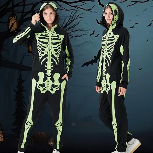 Vista 7 de PARTISKY Adult Onesie Skeleton Costume Women & Men, Glow in the Dark Halloween Skeleton Jumpsuit with Zipper Hooded