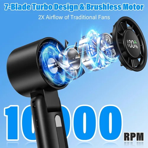 Vista 2 de Ventilador turbo portátil 4 en 1, mini de alta velocidad de 10000 RPM, plegable de 180°, 1-100 velocidades, hasta 15 horas de uso, batería de 5000