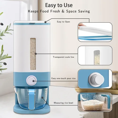 Vista 2 de Lenwi Dispensador de arroz de 22 a 25 libras, recipientes grandes de almacenamiento de alimentos secos de cereales con taza medidora, sin BPA