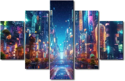 Vista 117 de Póster de 5 paneles en lienzo para decoración de pared, diseño de centro urbano Cyberpunk, impresión moderna, decoración de pared para el hogar