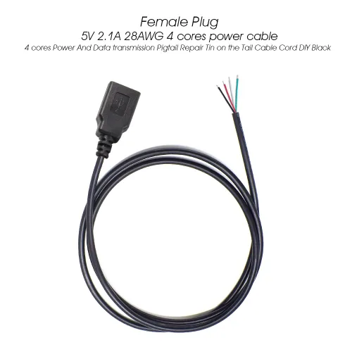 Vista 3 de Cable de extremo abierto USB A hembra a cable desnudo de 3.3 pies (39.4 in) 5V 2.1A 2 y 4 núcleos de transmisión de alimentación y transmisión