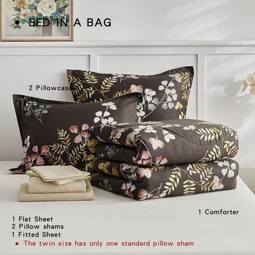 Vista 7 de AIKASY Bed in a Bag - Juego de edredón reversible de 7 piezas con estampado floral y microfibra suave