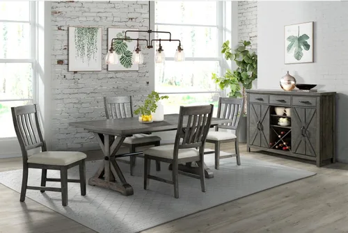 Vista 2 de Sunset Trading Gray Trestle - Juego de comedor de 6 piezas Mesa rectangular extensible de 96 pulgadas Servidor con estante para vino Madera