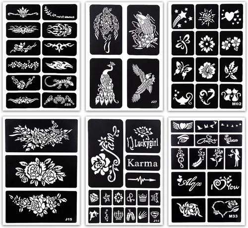 Vista 3 de MCPINKY Kit de plantillas de tatuaje de henna – 283 hojas árabes realistas temporales con purpurina semipermanente para mujeres y niñas