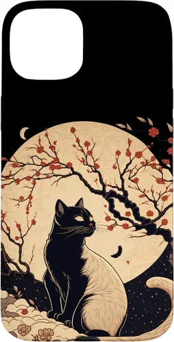 Vista 9 de Kawaii black cat japanese with cherry blossom anime style Case for iPhone 16