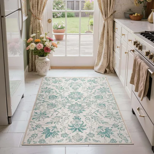 Vista 395 de jinchan Lima - Alfombra simétrica floral geométrica lavable, alfombra de entrada de medio círculo de 2 x 3, alfombra de media luna, suave y Azul