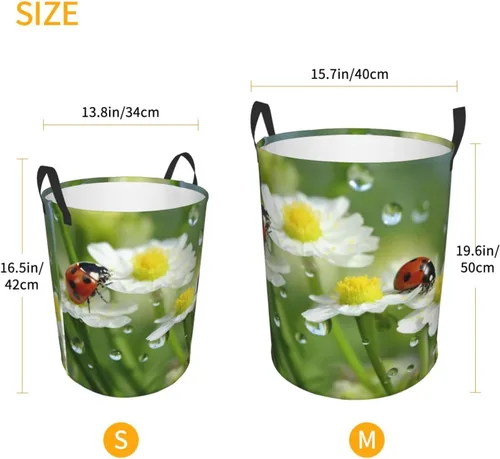 Vista 5 de Summer Ladybird Flowers print Circular Hamper Waterproof Storage Bin Organizer Basket Laundry Hamper With Handles For Clothes Toys Small