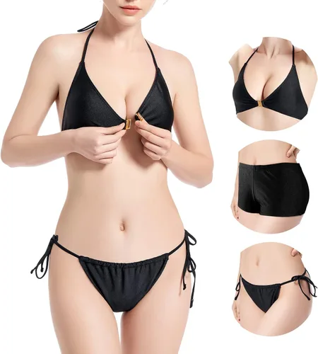 Vista 2 de OWICA Bikini negro, bikini triangular conjunto de lazos con hebilla frontal, tanga bikini traje de baño de mujer lazos laterales