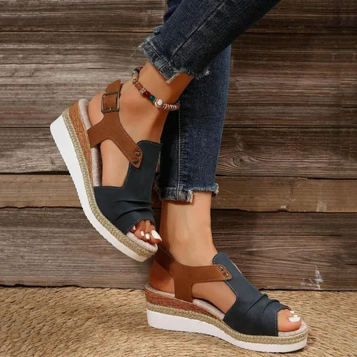 Vista 4 de Sandalias de plataforma ortopédicas con cuña para mujer, elegantes de verano 2023, planas, de punta abierta, con correa al tobillo