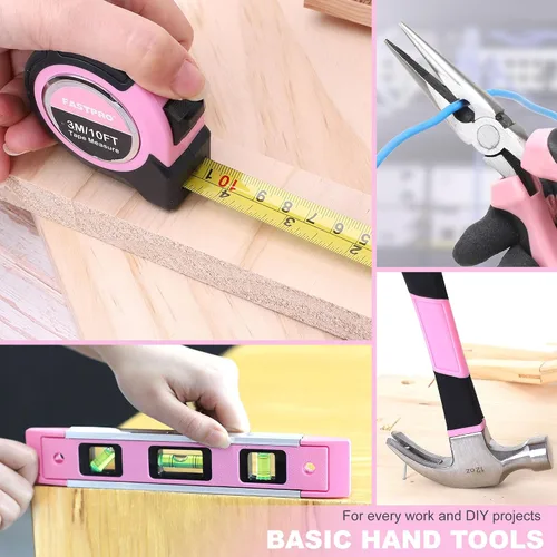 Vista 7 de FASTPRO Juego de herramientas para el hogar y taladro de iones de litio inalámbrico de 177 piezas de 20 V rosa con taladro en estuche