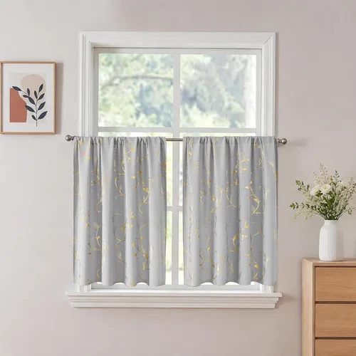 Vista 45 de BUHUA Juego de 2 paneles de cortinas opacas con estampado de vid plateada, cortinas con aislamiento térmico para oscurecer la habitación