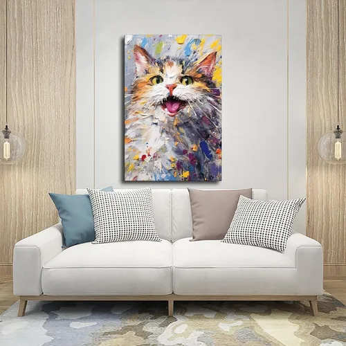 Vista 5 de Fyzuf Arte de pared de gato, pintura al óleo sobre lienzo, póster de lindo cubismo de gato, colorido, lindo, gatos, decoración estética, habitación