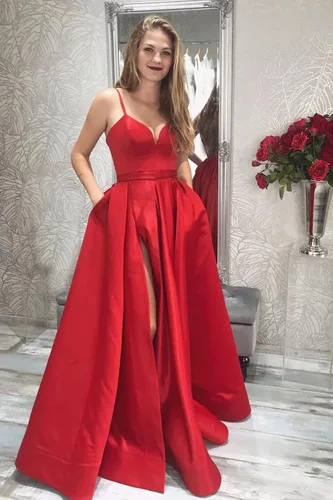 Vista 3 de Xjizu Vestido largo de satén con tirantes delgados para mujer, vestido de fiesta de noche con bolsillos