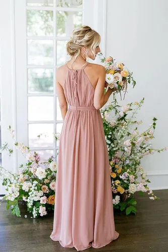 Vista 2 de Stylefun Vestidos de dama de honor de gasa con cuello halter para mujer, vestidos formales simples plisados CYM032