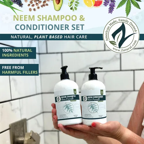 Vista 2 de Zatural Kit de champú y acondicionador Natural Neem, calmante y curativo para la nutrición y reparación sensativa del cuero cabelludo y el cabello