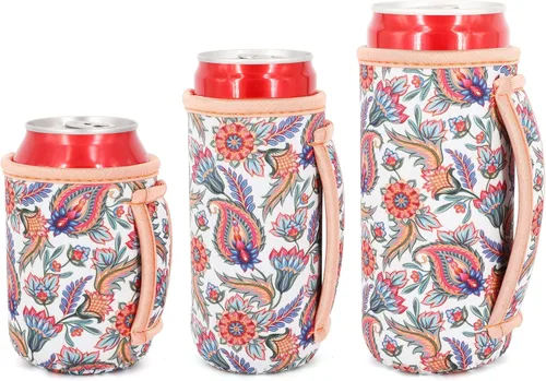 Vista 24 de 3 Pack de fundas aisladas reutilizables de neopreno con asa para soda, bebida energética, refresco, cerveza, seltzer duro, fundas para latas de 12