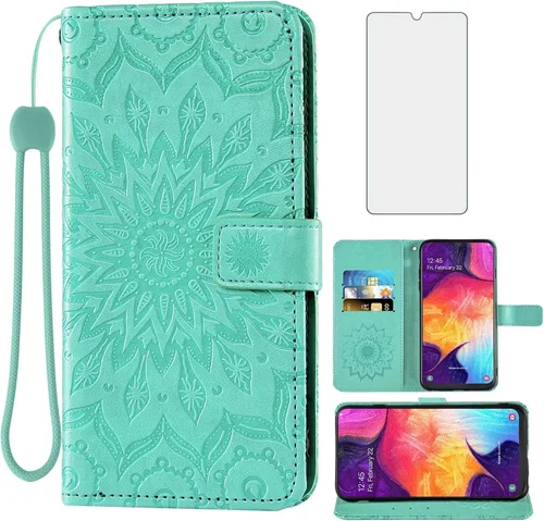 Vista 10 de Funda de teléfono para Samsung Galaxy A50 con protector de pantalla de vidrio templado, funda magnética de cuero, soporte para tarjetas, accesorios