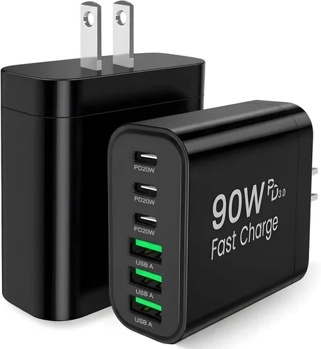 Vista 22 de Bloque de cargador USB C GaN de 90 W, cargador de pared USB C de 6 puertos de carga rápida, adaptador de corriente PD de 45 W para iPhone 17Pro Beige