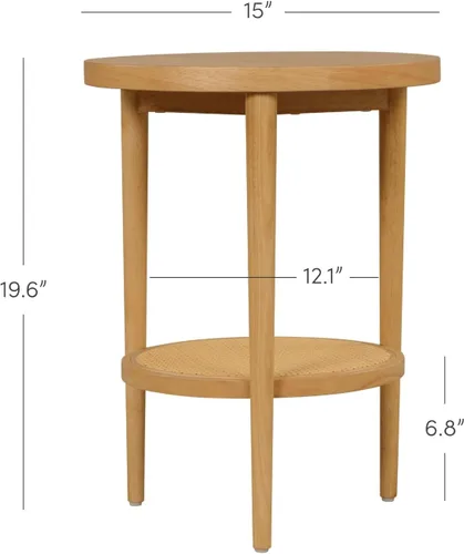 Vista 2 de Nathan James Sonia - Mesa auxiliar redonda de estilo boho, mesa lateral natural para sofá en madera clara con estante de almacenamiento de ratán